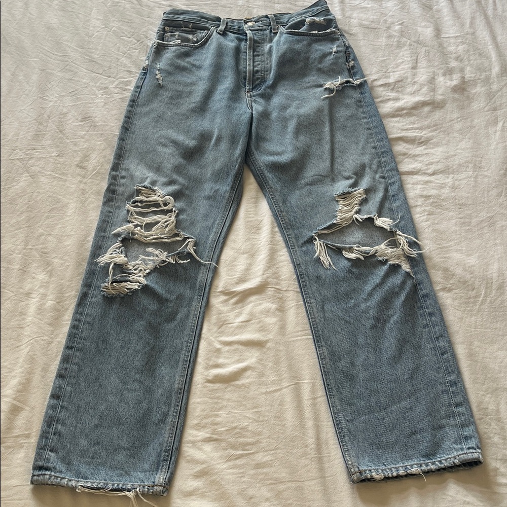 AgoldE High Rise Distressed Blue Jeans 100% cotton straight leg sz 28